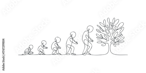 Continuous line drawing showing human life stages progression towards a tree