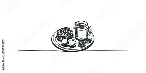 Minimalist line drawing of a food tray with fruit and drink