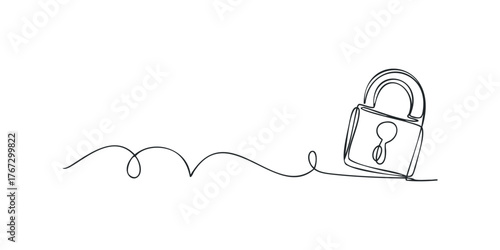 Minimalist padlock drawing with flowing line on white background