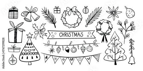 Set of isolated Christmas decoration elements in black outline and white plain for holiday seasonal on transparent background.