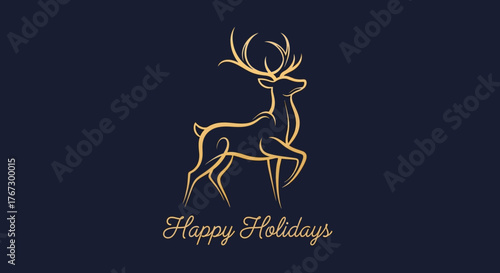 Elegant golden deer silhouette gracefully poised above 'Happy Holidays' script on a sophisticated navy background, perfect for festive greetings