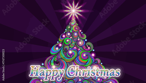 Vibrant, psychedelic Christmas tree design glows with festive lights and a dazzling star, wishing everyone a Happy Christmas celebration.