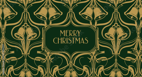 Elegant art deco golden bells pattern with "Merry Christmas" text for festive holiday greetings and seasonal designs