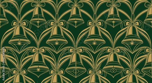 Elegant gold art deco bells and bows pattern on deep green background, perfect for festive holiday and celebration designs