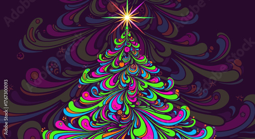 Vibrant psychedelic Christmas tree design with starburst topper radiating festive holiday cheer and whimsical patterns