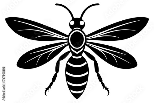 A stylized black silhouette of a wasp with detailed wings and segmented body isolated on a white background representing an insect icon silhouette