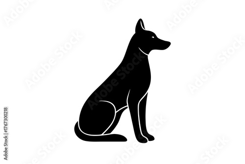 Elegant black silhouette of a sitting dog with pointed ears and a sleek body isolated on a white background representing loyalty and companionship silhouette