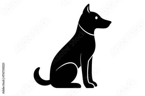 A minimalist black silhouette of a dog sitting patiently with a white collar and a single white eye isolated on a clean white background representing loyalty and companionship silhouette