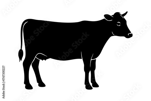 A detailed black silhouette of a cow standing in profile against a white background showcasing its form and features in a clean graphic style silhouette