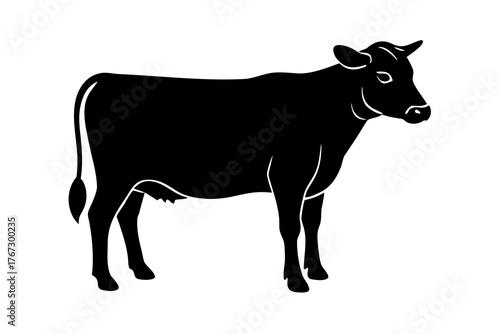 A detailed black silhouette of a dairy cow standing on a white background showcasing its udder and horns in a clean graphic style silhouette