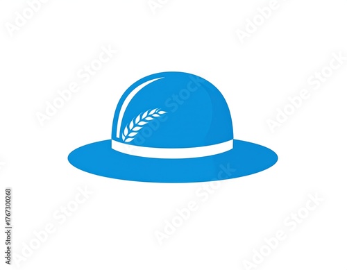 A stylized blue hat with a white band, and a wheat sprig