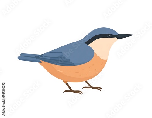 A stylized, side-view illustration of a small, colorful songbird