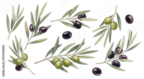 Watercolor illustration of olive branches with green and black olives isolated on transparent background. Fresh olive branches with green and black olives artistic display nature's bounty