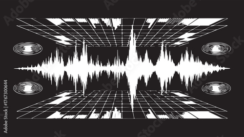 Vector art of digital audio waveform visualization with grid and speaker representation