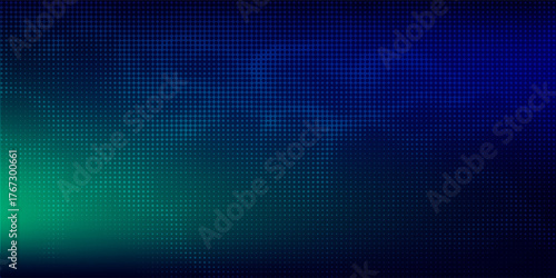 halftone with blue-green gradation, abstract background pattern, neon light reflecting walls and floors, dark colors, and feel the speed of digital technology connected with blue-green background.