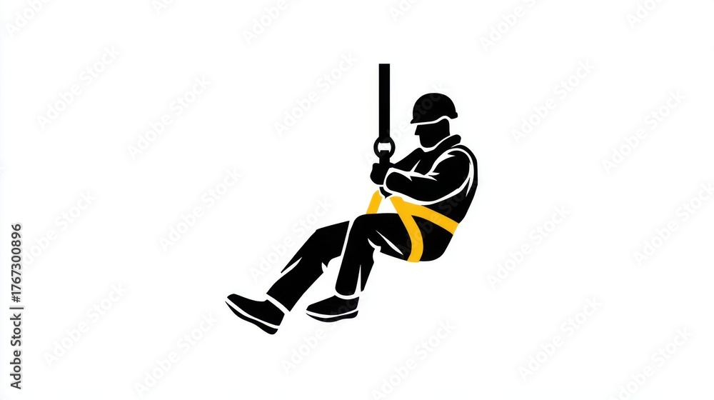 Fototapeta premium Safety Icon for Worker in Harness Using Rope for Zip Line Activity