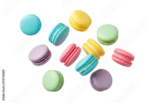 Vibrant Pastel Macarons Scattered on White - Delicious French Sweets Collection