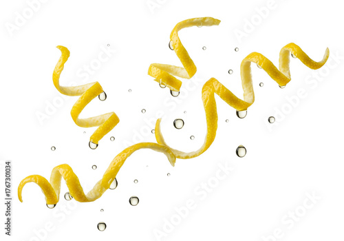 Refreshing Lemon Zest Spirals with Sparkling Bubbles on White