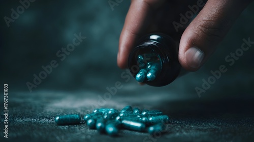 A close up of a hand pouring blue capsules from a dark bottle onto a textured surface