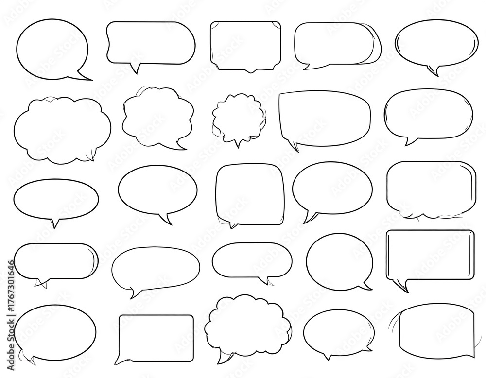 Fototapeta premium Assortment of speech bubbles in various shapes, outlined in black