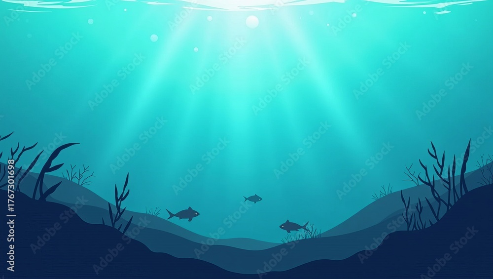 Obraz premium Deep sea background of an underwater ocean scene with sunlight rays filtering through water to the seabed with fish