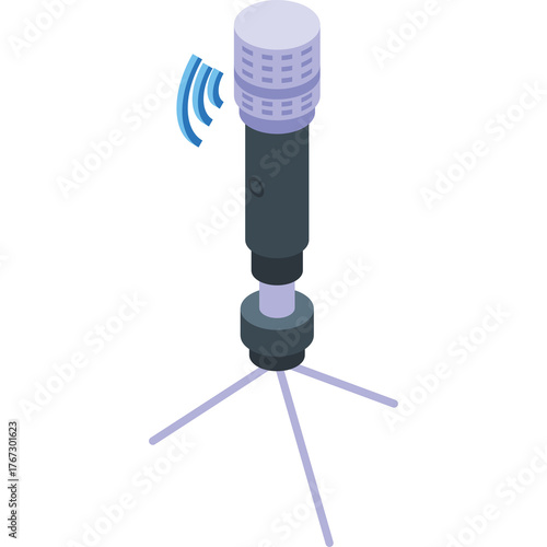 Pixelated illustration of a vintage microphone on a tripod stand with blue signal waves emanating from it against a white background