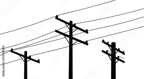 Utility pole vector illustration, electric power transmission lines, infrastructure silhouette, energy distribution network, black isolated design, urban engineering, wire tension system