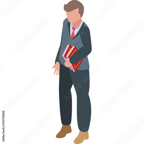 Pixelated Isometric Businessman Holding Red Books in Formal Attire with Blue Gray Suit and Red Tie on Transparent Background
