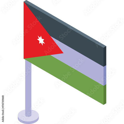 Pixelated Illustration of the Flag of Jordan Waving on a Light Purple Flagpole Against a Transparent Background