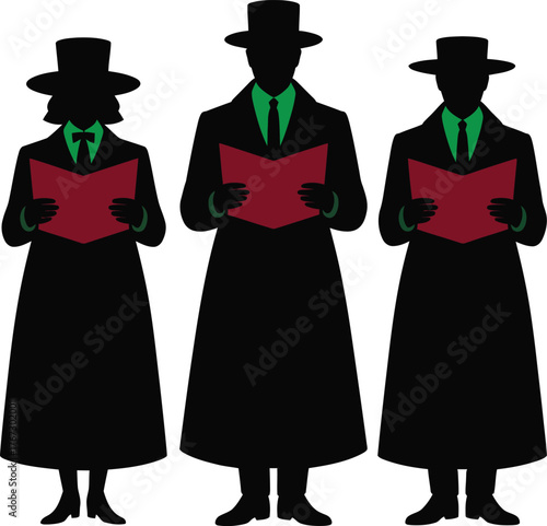 Three silhouetted carolers in top hats singing christmas carols from red songbooks festive