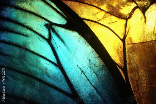 Close-up of stained glass, vibrant teal and gold