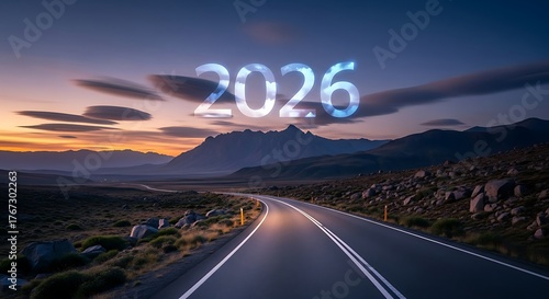 Anticipating the journey into 2026 a scenic road beckons under a twilight sky, promising new adventures and opportunities amidst majestic mountains and a serene horizon