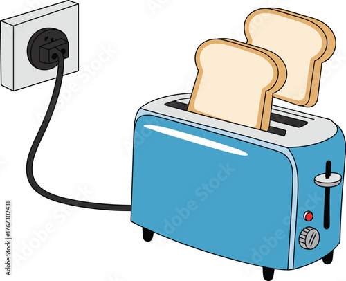 Cartoon toaster with bread illustration, electric kitchen appliance clipart for kids’ learning, breakfast food, and household appliance education visuals