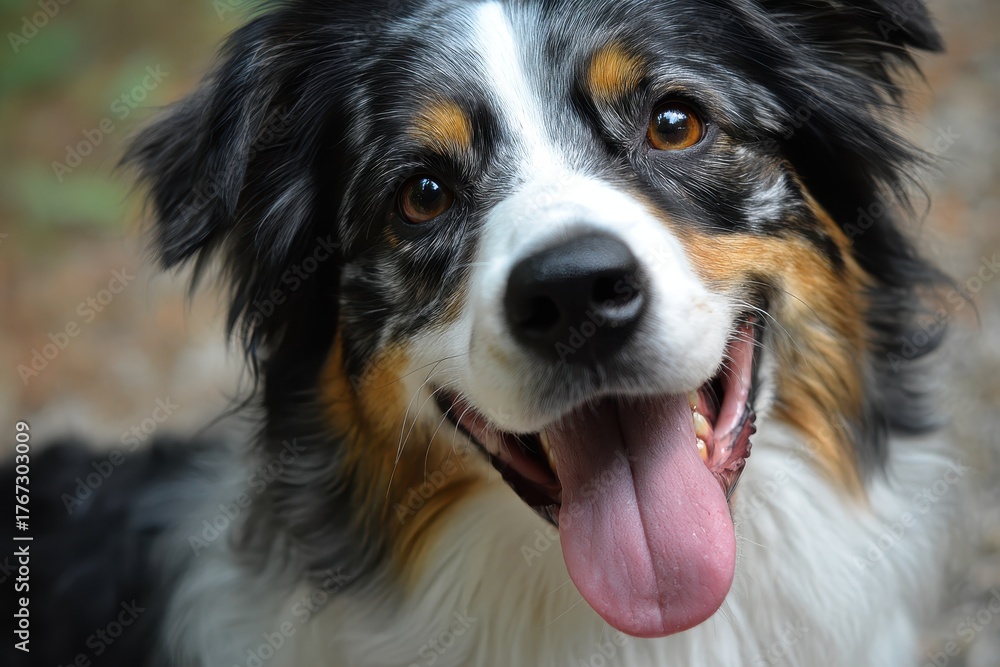 Fototapeta premium Black tricolor Australian Shepherd panting happily outdoors during a sunny afternoon in a wooded area