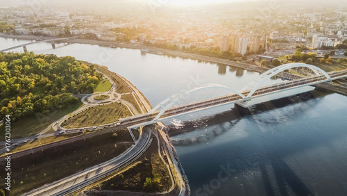 Schilderij op canvas Drone Cityscape of Novi Sad and Zezelj Bridge