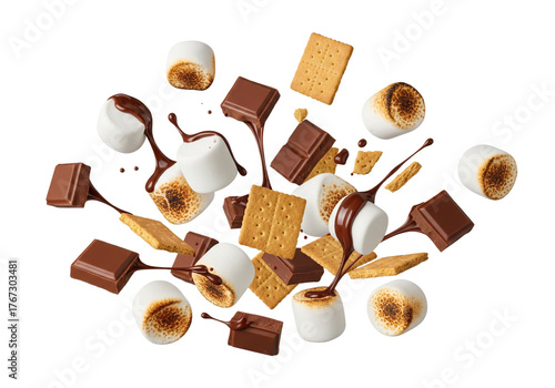 S'mores Ingredients Flying: Toasted Marshmallows, Melting Chocolate & Graham Crackers Explosion on White