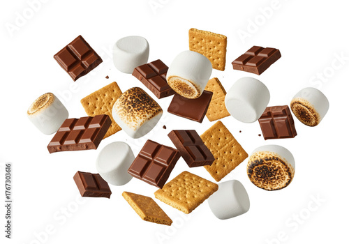 Floating S'mores Ingredients: Toasted Marshmallows, Chocolate, Graham Crackers Isolated on White