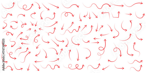 Red curved arrow vector bundle in hand drawn sketch style. Doodle style arrow icons collection for infographic, interface, business direction, and creative visual navigation
