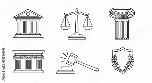 Legal and justice symbols including scales and gavel