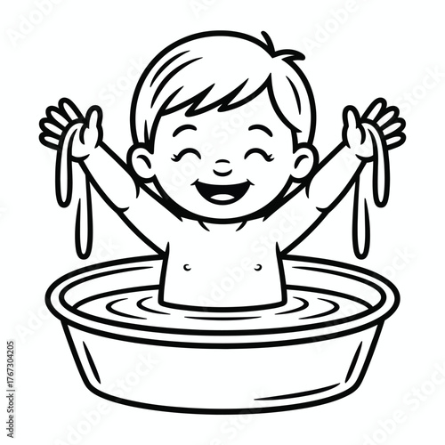Charming line drawing illustration of a cheerful baby enjoying a bath time splash vector art scalable eps silhouette vector illustration white background