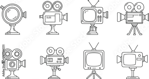 Vintage camera and television icons, retro media equipment line art, black and white vector set for technology, nostalgia, film, photography, electronics