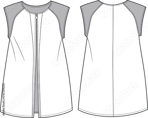 Women's Hooded Rain Cape Technical Flat Sketch Vector Illustration Kimono Poncho Style Full Zip Rainwear Outerwear Apparel Template.