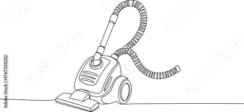 Vacuum cleaner vector illustration, household cleaning appliance, canister vacuum with hose and suction head, home hygiene equipment, black and white line drawing
