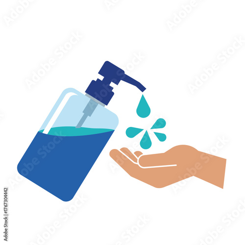 An essential illustration depicting a blue hand sanitizer bottle dispensing liquid into a human hand, emphasizing personal hygiene and health protection during flu season.
