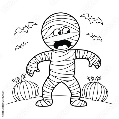 Cute mummy character with pumpkins and bats halloween illustration vector graphic for eps downloads silhouette