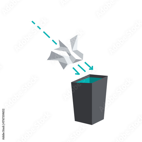 A crumpled piece of paper is being discarded into a modern, dark grey trash can, symbolizing waste management and environmental responsibility.