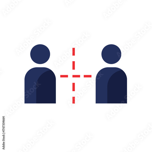 A sleek graphic illustration depicts two stylized human figures separated by a red dashed cross, symbolizing social distance, conflict, or a communication barrier.