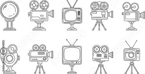 Vintage film camera, retro television set, classic movie projector, old media equipment, black and white line drawing, antique broadcast technology illustration