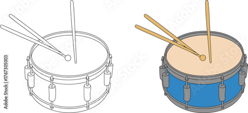 Realistic snare drum with drumsticks illustration, colored and outline version, percussion instrument drawing, isolated vector design for music education, art concept