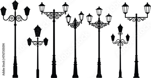 Vintage street lamp silhouettes, ornate lantern post designs, black vector illustration, decorative urban lighting elements for architecture, cityscape, historical reference, and design inspiration